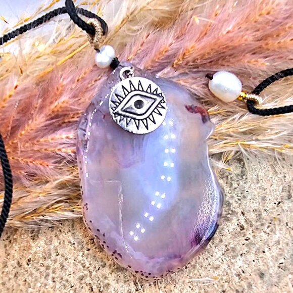 Nature Purple Agate Slice With Evil Eye Charm Pendant Necklace - Picture 1 of 11